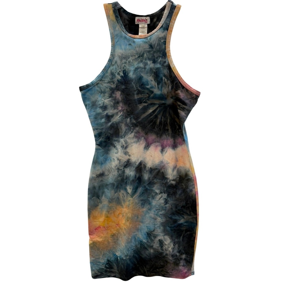 Madrag Tie Dye Racerback Bodycon Mini Dress Blue Orange Black Stretch Size M